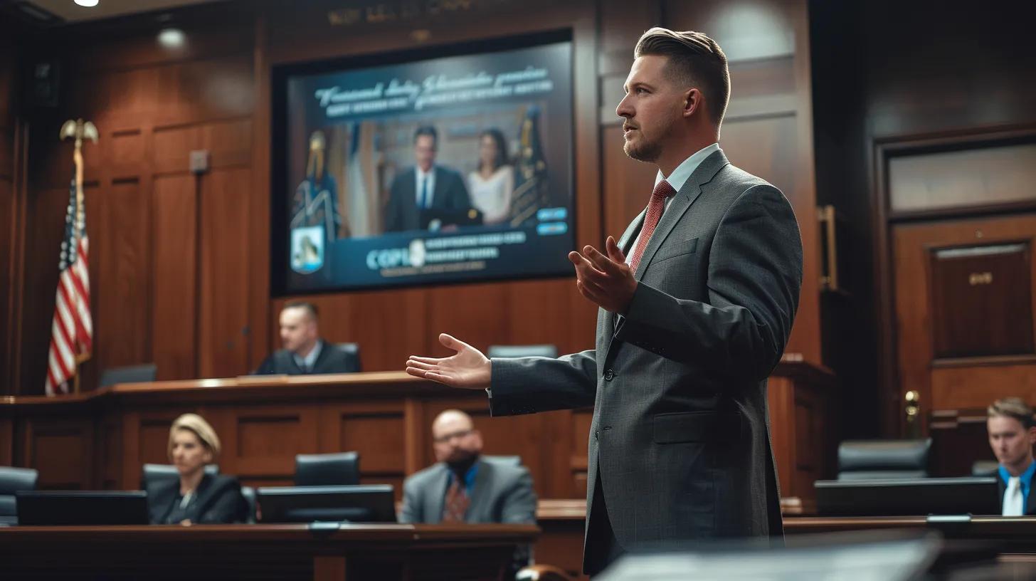 a professional attorney confidently presents a burn injury case in a modern upper marlboro courtroom, surrounded by legal documents and a large monitor displaying evidence, emphasizing the importance of local expertise in navigating complex legal matters.
