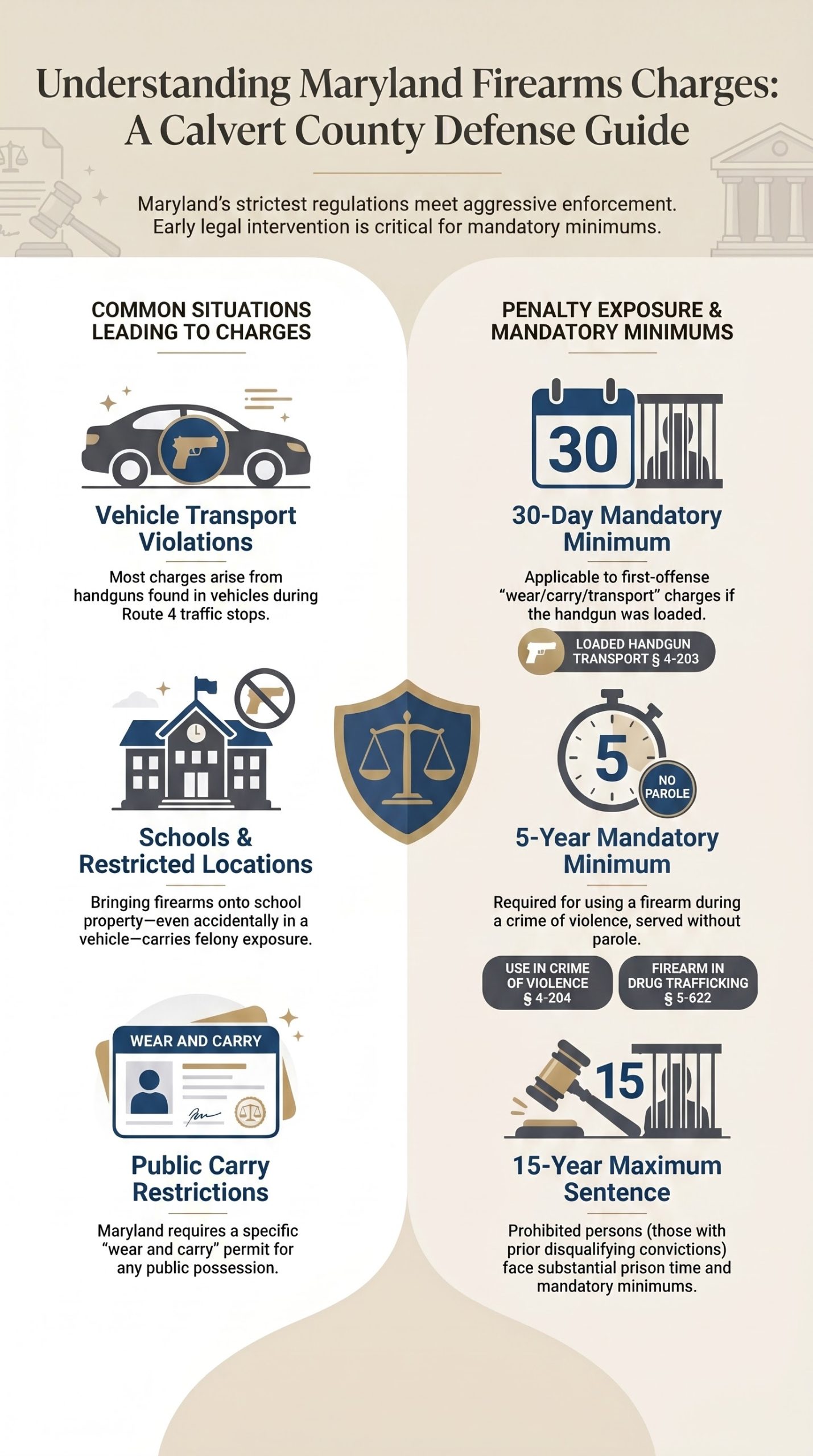 illegal handgun transport lawyer Maryland, firearm possession lawyer Calvert County, prohibited possession defense lawyer Maryland, Calvert County gun crime defense, Maryland weapons charges attorney